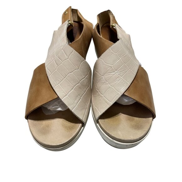 Pikolinos Womens Leather Sandals Beige & Tan Open Toe Croc Embossed Crisscross - Picture 1 of 8